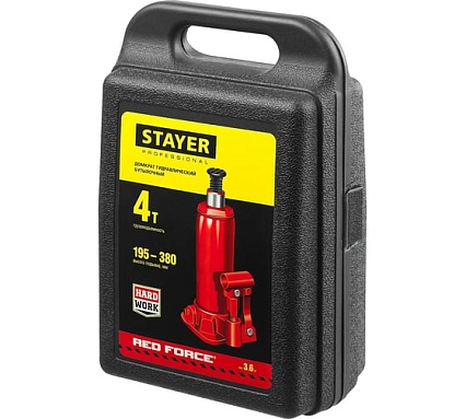 Гидравлический бутылочный домкрат Stayer RED FORCE, 4т, 195-380 мм, в кейсе, 43160-4-K 43160-4-K_z01