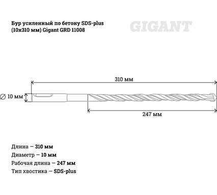 Бур усиленный по бетону SDS-plus (10x310 мм) Gigant GRD 11008