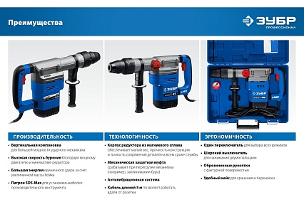 Перфоратор Зубр Профессионал SDS Max 1350 Вт, 45 мм ЗПМ-45-1350 ЭВ
