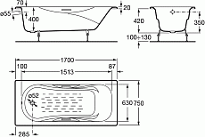 Чугунная ванна Roca Malibu 170x75 см 2309G000R с отверстиями для ручек, с антискользящим покрытием