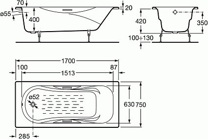 Чугунная ванна Roca Malibu 170x75 см 2309G000R с отверстиями для ручек, с антискользящим покрытием