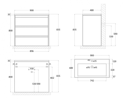 Тумба с раковиной Art&Max Family-M 90 см, 3 ящика