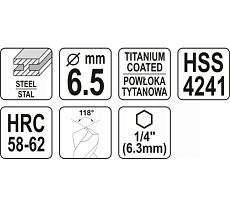 Сверло Yato фрезеровальное по металлу 6,5мм hss-tin hex YT-44824 364844824 092 1