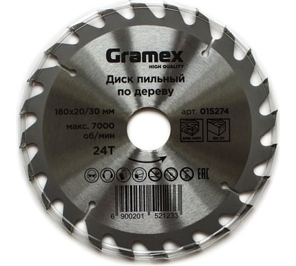 Диск пильный по дереву 180х30/20 мм, 24Т Gramex 015274
