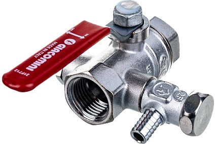 Шаровой кран Giacomini R250DS 1/2", внутренняя/внутренняя, ручка-рычаг красный, хромированный, со сливом R250SX003