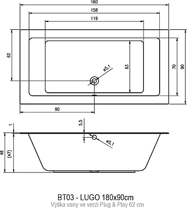 Акриловая ванна Riho Lugo Plug&Play 180x90 см L с монолитной панелью