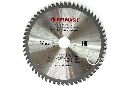Диск пильный по цветным металлам и пластику BELMASH 210х2.5/1.6х30 мм, 60T Белмаш RD152A
