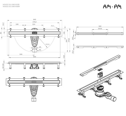 Душевой лоток Am.Pm MasterFlow W01SC-S11-060-05BM 60 см, комб.затвор, решетка Slim Line, черный матовый