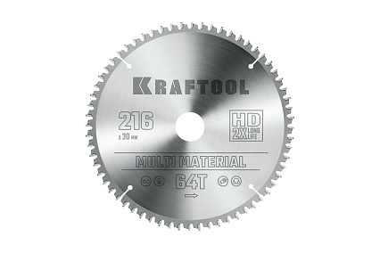 Пильный диск по алюминию Kraftool Multi material 216x30 мм, 64Т 36953-216-30