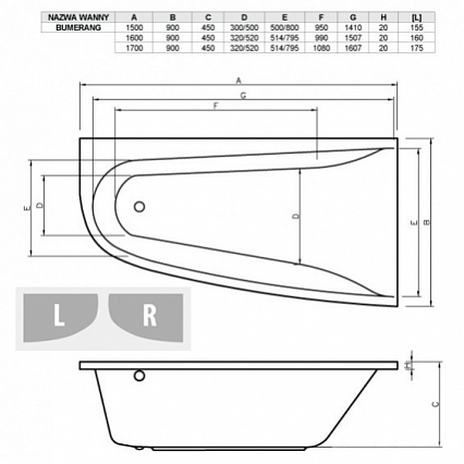 Акриловая ванна Vayer Boomerang 170x90 L