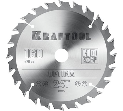 Диск пильный по дереву Optima 160x20 мм, 24Т Kraftool 36951-160-20