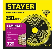 Пильный диск по ламинату Stayer Laminate 250x32/30 мм, 72Т, аккуратный рез 3684-250-32-72_z01