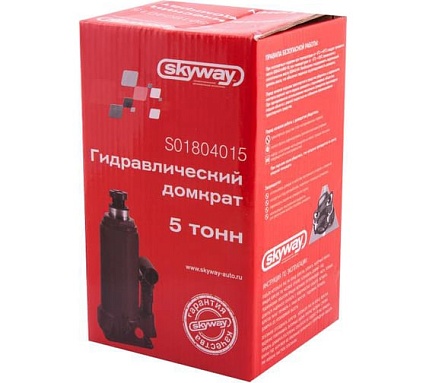 Гидравлический бутылочный домкрат Skyway 5т h 185-355 мм с клапаном в коробке S01804015