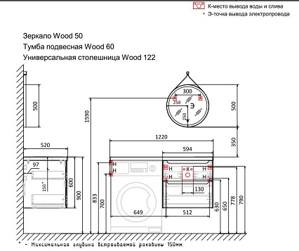 Тумба со столешницей Jorno Wood 120 см под стиральную машинку, серый