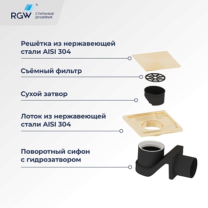 Трап для душа RGW Drain Leo-02-10Gb 10x10 см брашированное золото 60210210-06