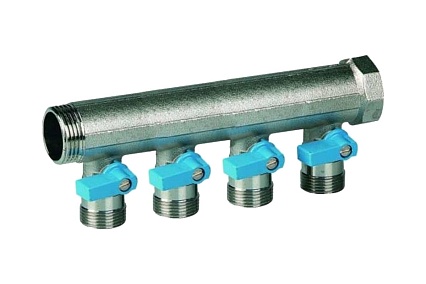 Коллектор с синими шаровыми кранами Henco 3/4"НР под евроконус, 3/4"-4xEK14,16,18,20 VB050504-BLAUW