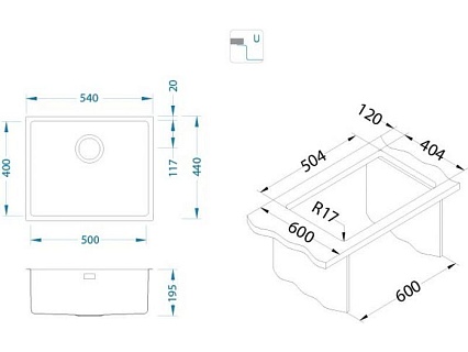 Кухонная мойка Alveus Kombino Monarch U 50 1122673 54 см встраиваемая снизу, антрацит