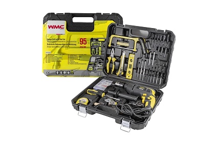 Набор инструментов WMC TOOLS 95 предметов, дрель ударная , набор бит, сверло плоск, уровень ,ножовка ,кл разводной ,рулетка ,ножовка ,уровень ,нож, комплект метиз WMC-1095(50786)