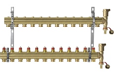 Комплект коллекторов Danfoss FHF-12 set с кронштейнами и воздухоотводчиками 12 контуров 088U0712