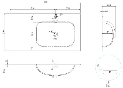 Раковина Vincea Elise 100 см Corian, белый матовый, правая VCB-4EL100MW-R