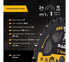 Диск пильный RAGE Furious Wood&Nails 165 мм 24 зуба посадка 20 мм + кольцо 16 мм 594248