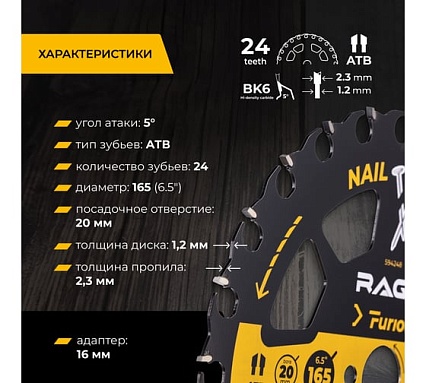 Диск пильный RAGE Furious Wood&Nails 165 мм 24 зуба посадка 20 мм + кольцо 16 мм 594248