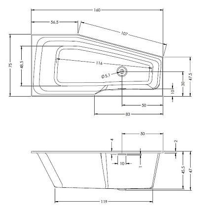 Акриловая ванна Riho Rethink Space Plug & Play 160x75 см L, с монолитной панелью