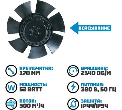 Вентилятор осевой 170 мм АРКАИМ YWF2D-170S-95/15-G/ 380 В, 52 Ватт. Поток: всасывание (от радиатора) YWF-2D170-S95/15-G
