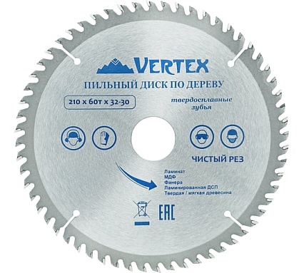 Диск пильный по дереву (210х32-30 мм; 60 зубов) Vertextools 210-60-32