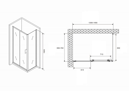 Душевой уголок Abber Schwarzer Diamant AG30140B5-S70B5 140x70 профиль черный