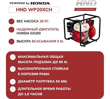 Водяной насос мотопомпа высокого давления бензиновая HND WP20XСH c двигателем Honda WP20XCH