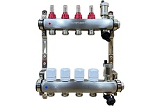 Коллектор для теплого пола Sanext 8524-1 нержавеющая сталь, с расходомерами, автоматический в/о и дренажный клапан, ДУ25, ВР1x4 конт. НР 3/4