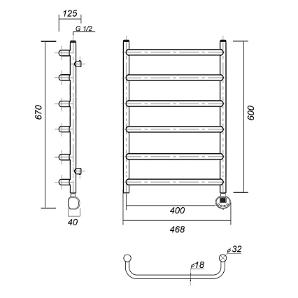 Полотенцесушитель электрический Domoterm Стефано П6 400x600 ER, ТЭН справа, хром