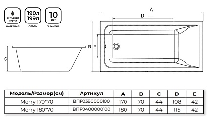 Акриловая ванна Alba Spa Merry Slim 170x70 белый ВПРСБ0390000100