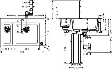 Кухонная мойка Hansgrohe C51-F635-09 77 см со встроен. смесителем, черный/хром