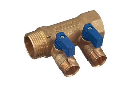 Коллектор Tiemme 2 отвода, с шаровыми клапанами 1х1/2"(16) (латунь) синие ручки 1820042