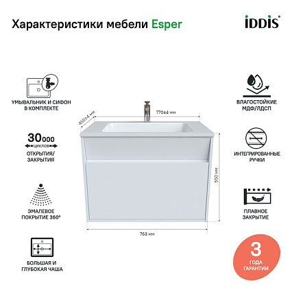 Тумба с раковиной Iddis Esper 80 см подвесная с ящиками ESP80W0i95K, белый