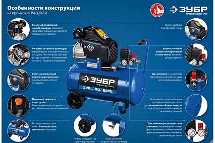 Воздушный масляный компрессор Зубр Профессионал 400 л/мин, 100 л, 2200 Вт, КПМ-400-100