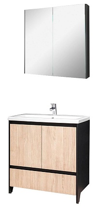 Мебель для ванной Velvex Klaufs 80 см напольная, 1 ящик, черный матовый/дерево шатанэ