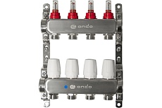 Коллекторная группа ONDO нержавеющая сталь, 4 выхода в сборе с расходомерами и термостатическими клапанами без сливных кранов и воздухоотводчиков BKGWDV04
