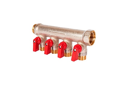Коллектор с шаровыми кранами STOUT Smb 6210 341204 3/4", 4 отвода 1/2", красные ручки RG0091AACQND3T