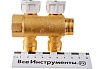 Коллектор Giacomini латунь R585C 3/4 ВР/НР на 2 выхода 1/2 НР с запорными клапанами R585CY072 040-2338