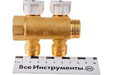 Коллектор Giacomini латунь R585C 3/4 ВР/НР на 2 выхода 1/2 НР с запорными клапанами R585CY072 040-2338