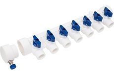 Коллектор PPR Valfex с отсечными синими кранами и воздухоотводчиком, 40x20, 7 выходов, белый К 111134007