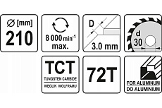 Диск отрезной по алюминию 210x30x3x2.2 мм, 72Т Yato YT-6093