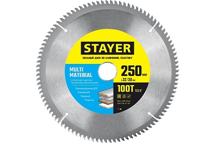 Пильный диск по алюминию Stayer Multi Material 250x32/30 мм, 100Т, супер чистый рез 3685-250-32-100