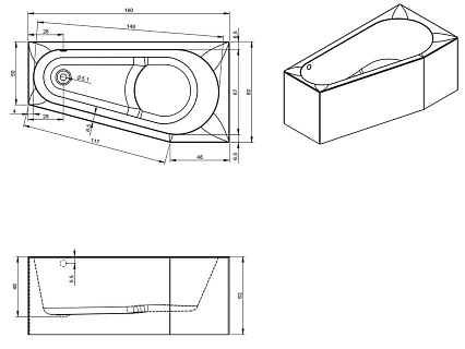 Акриловая ванна Riho Delta Plug & Play 160x80 L, с монолитной панелью