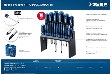 Набор отверток Зубр Профессионал-18 в держателе, 18 шт. 25242