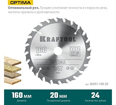 Диск пильный по дереву Optima 160x20 мм, 24Т Kraftool 36951-160-20