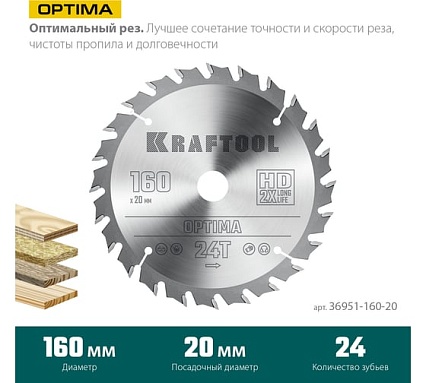 Диск пильный по дереву Optima 160x20 мм, 24Т Kraftool 36951-160-20